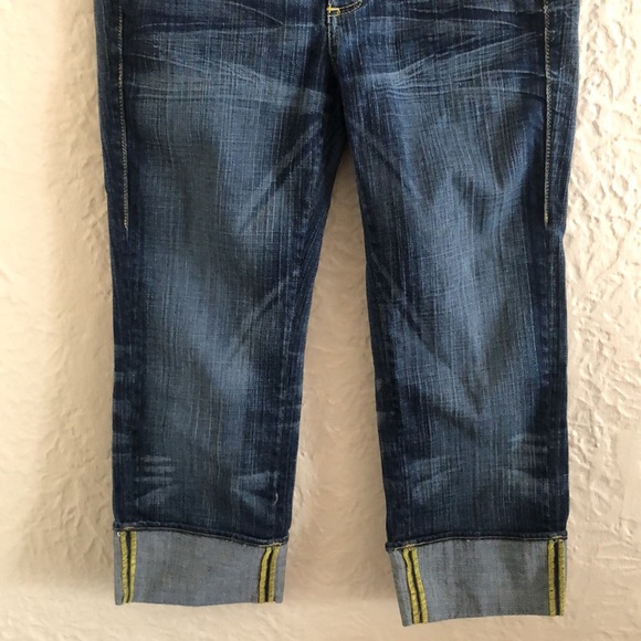 Rock & Republic Y2k 2000s Dark Wash Neon Yellow Low Rise Cropped Jeans Capris 28 - Picture 4 of 10